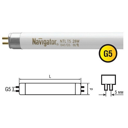 Лампа Navigator люминесцентная линейная ЛЛ белая 8вт NTL-Т5 840 G5