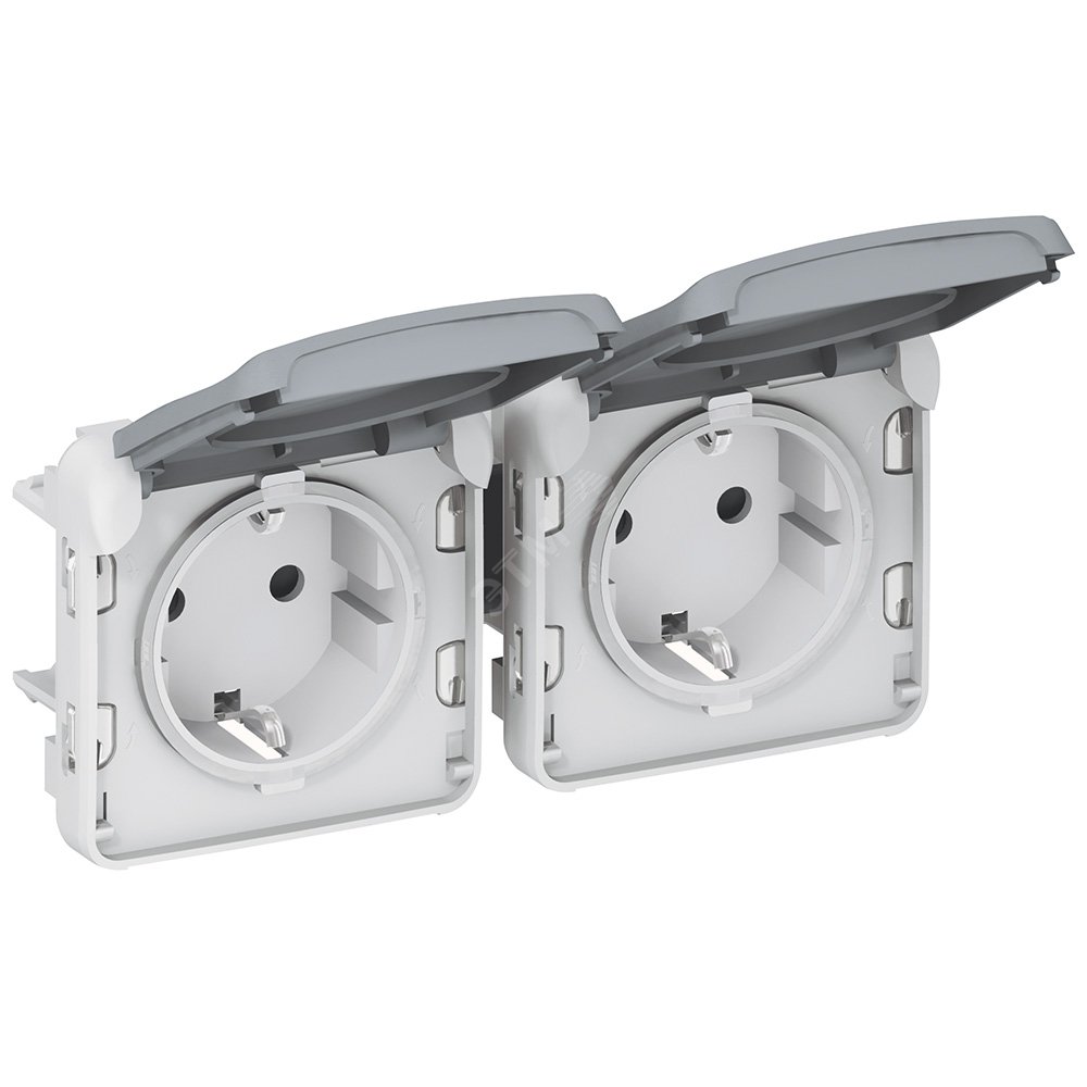 Розетка двойная Legrand Plexo с заземлением, в рамку, с крышкой, серая IP55 (069576)