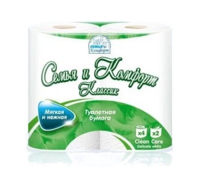 Туалетная бумага Семья и Комфорт 2-сл, 19м, 150 л, белая (4 шт)